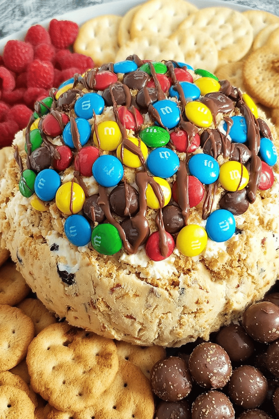 Easy Monster Cookie Dough Cheese Ball Dip Final Dish Presentation