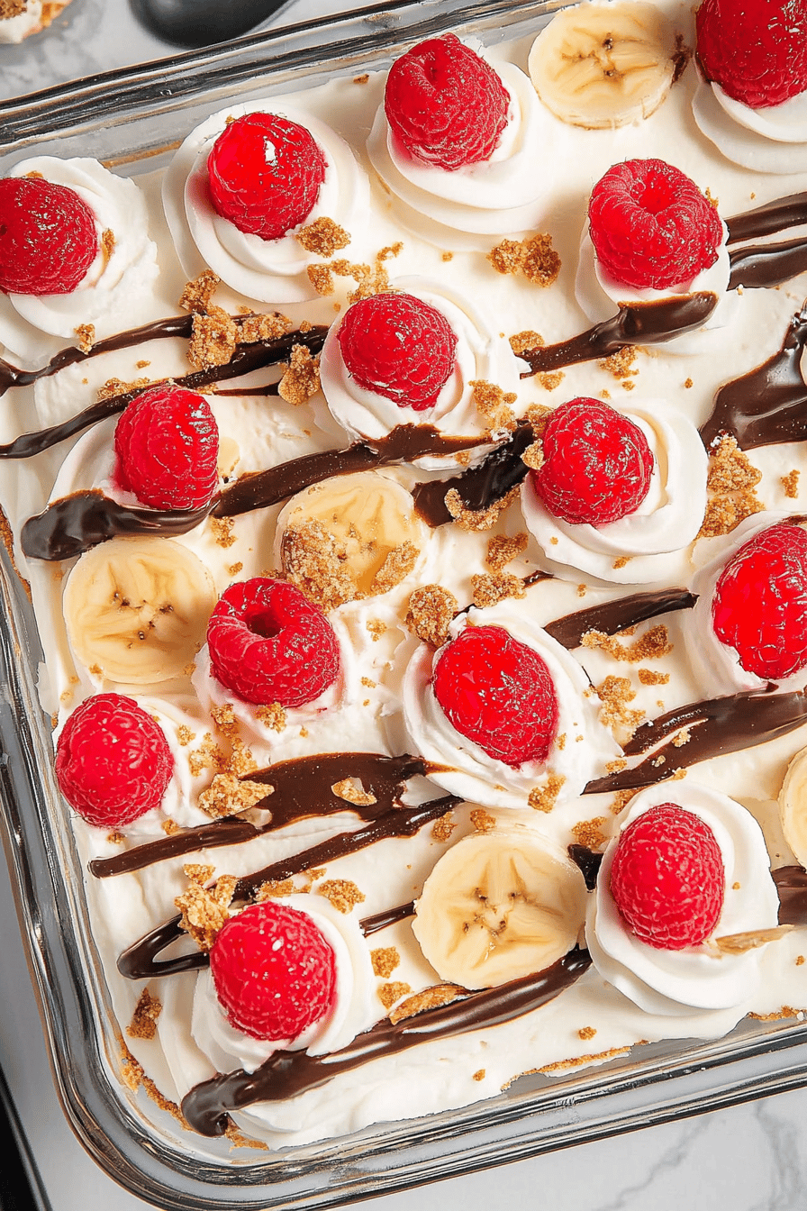 Easy No-Bake Banana Split Icebox Cake Final Dish Presentation