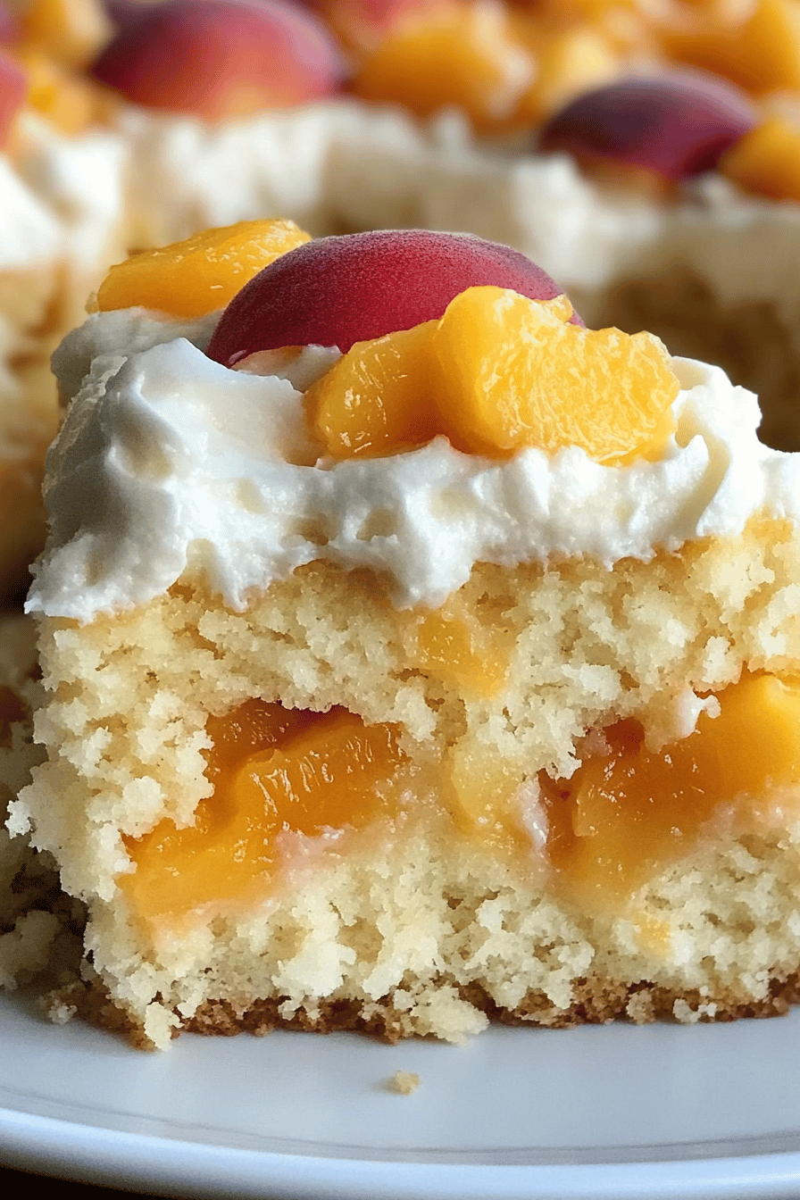 Easy Peaches and Cream Poke Cake Final Dish Presentation