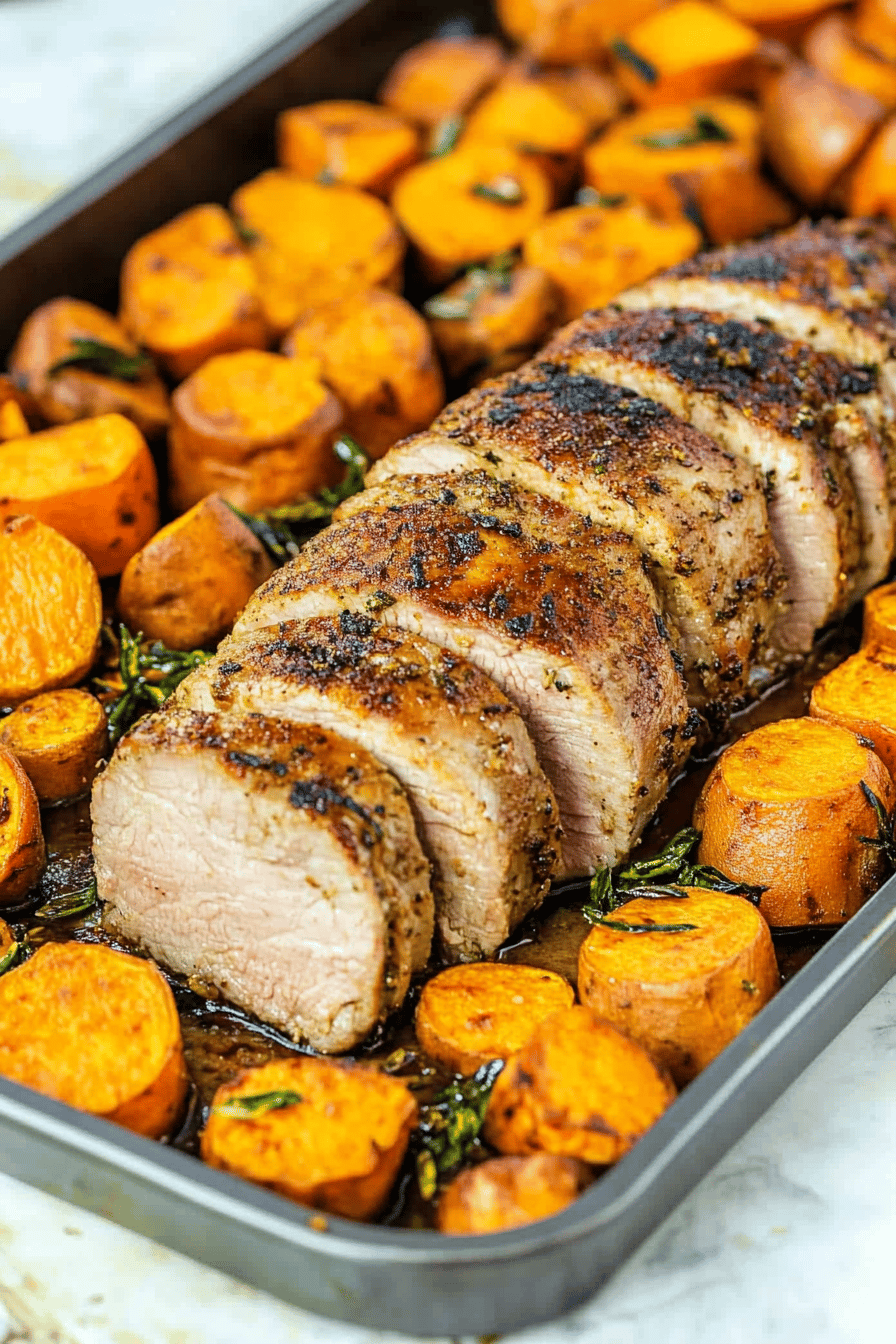 Easy Roasted Pork Tenderloin with Sweet Potatoes Final Dish Presentation