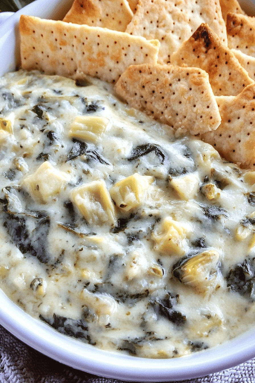 Easy Slow Cooker Cheesy Spinach Artichoke Dip Final Dish Presentation