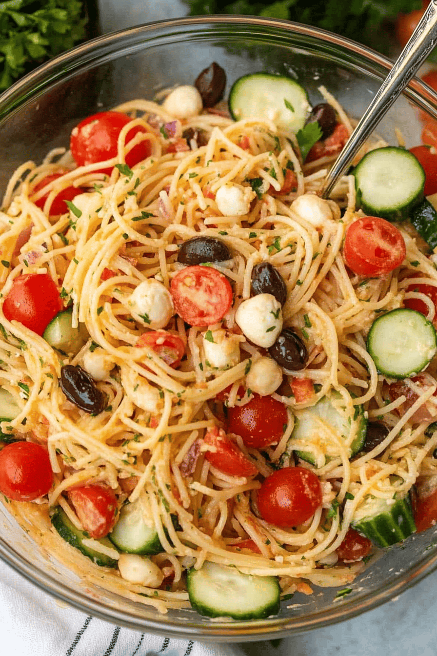 Easy Spaghetti Salad Recipe Final Dish Presentation