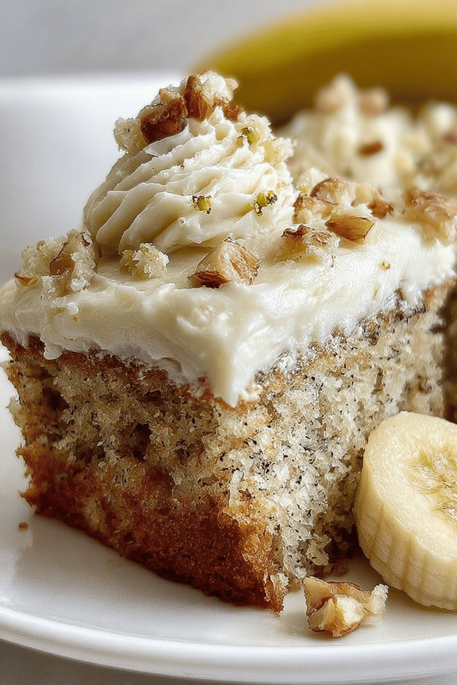 Banana Bread Cake with Cream Cheese Frosting Recipe slice on plate showing perfect texture and swirl pattern