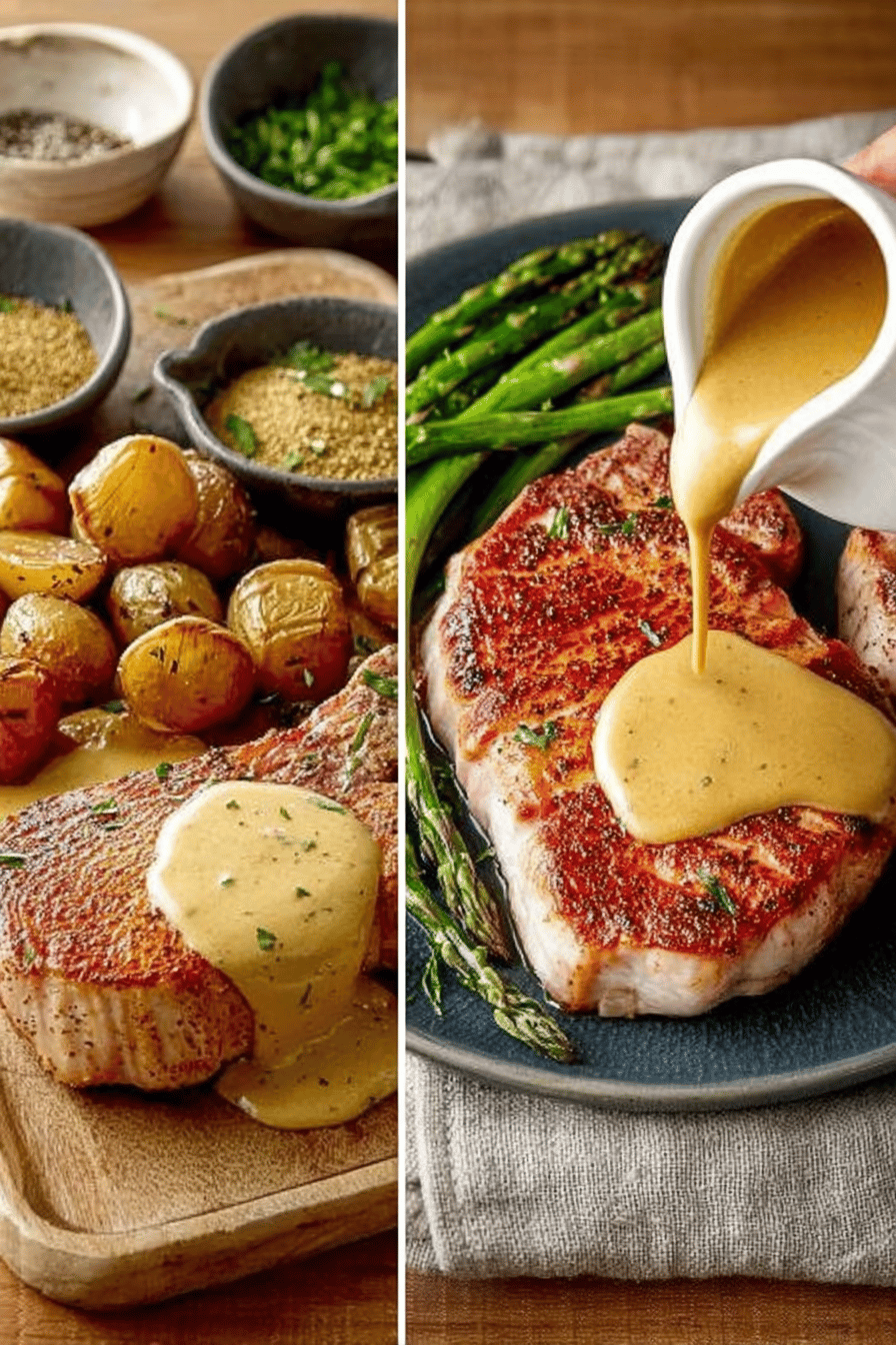 Dijon Cream Pork Chops Recipe ingredients organized and measured on kitchen counter