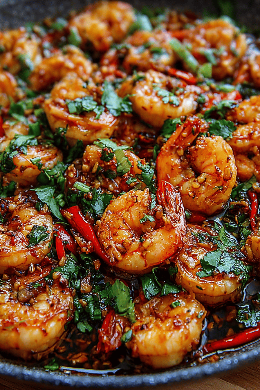 Easy Asian Chili Garlic Prawns Recipe slice on plate showing perfect texture and swirl pattern