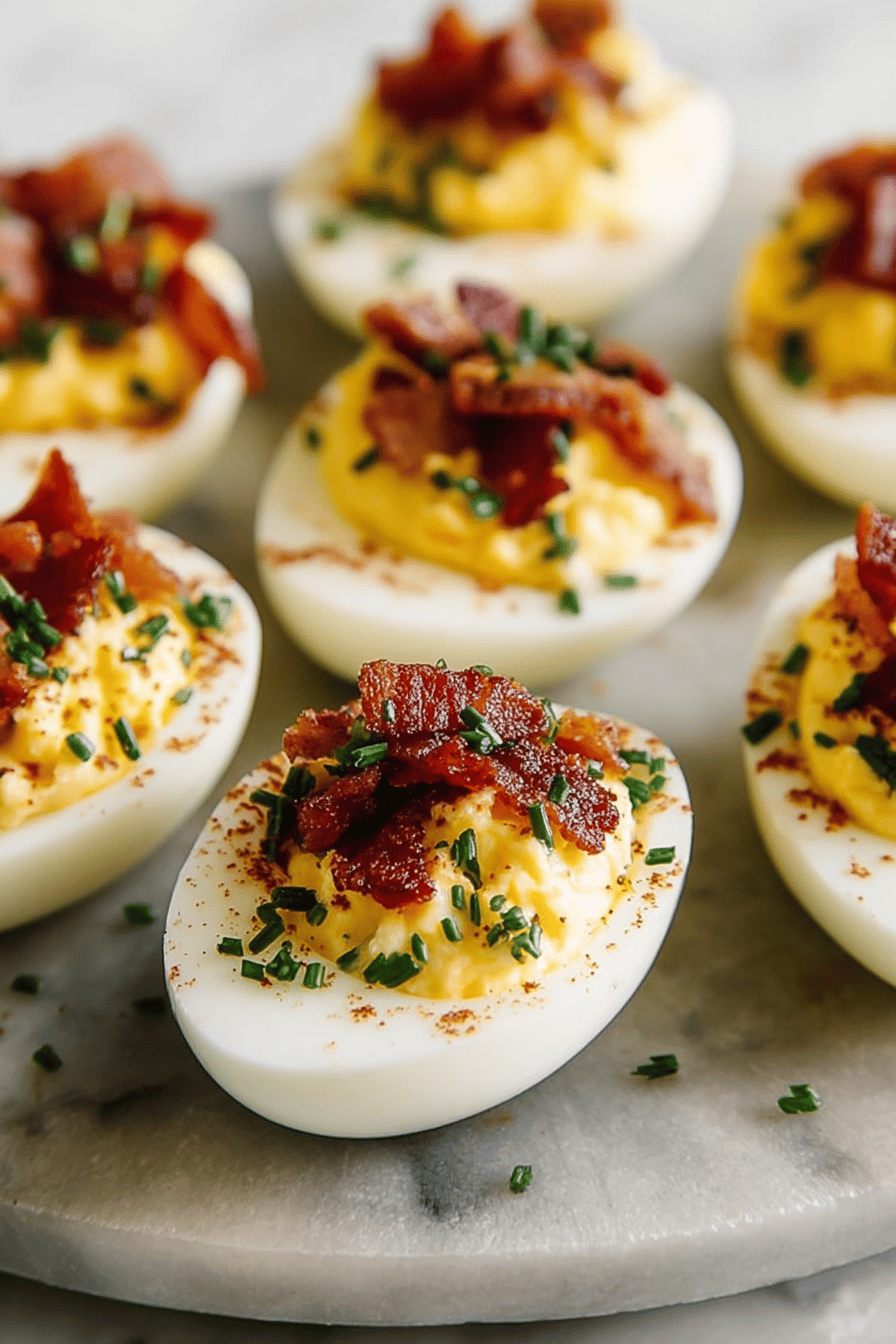 Easy Bacon Deviled Eggs Recipe slice on plate showing perfect texture and swirl pattern