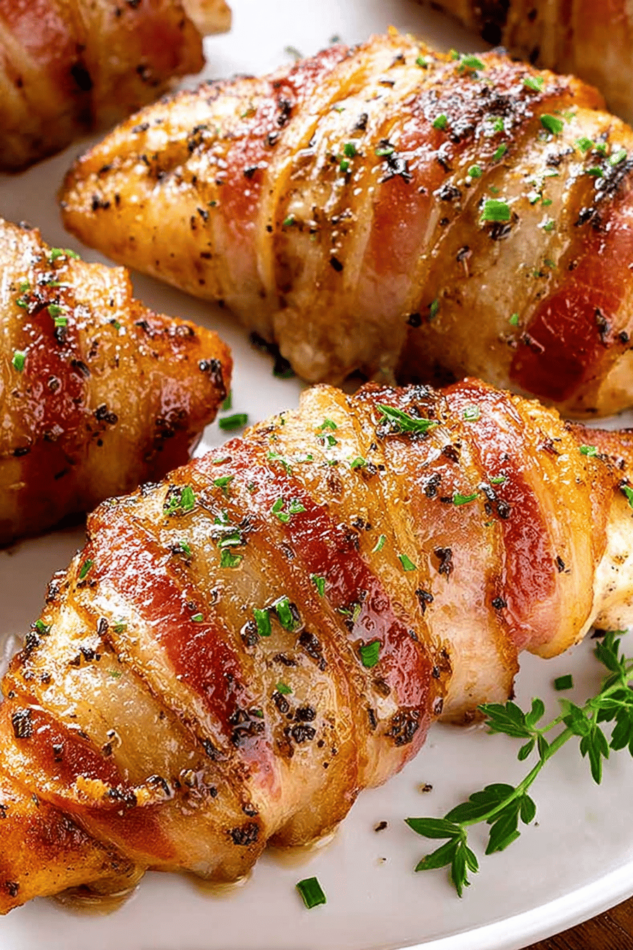 Easy Bacon-Wrapped Chicken Breast Recipe slice on plate showing perfect texture and swirl pattern