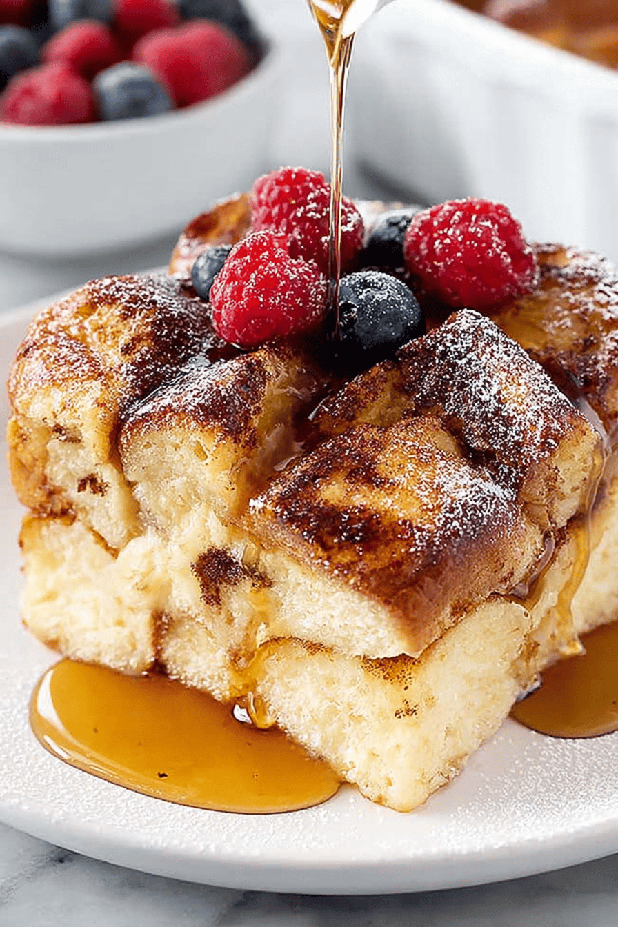 Easy Baked French Toast Casserole Recipe slice on plate showing perfect texture and swirl pattern