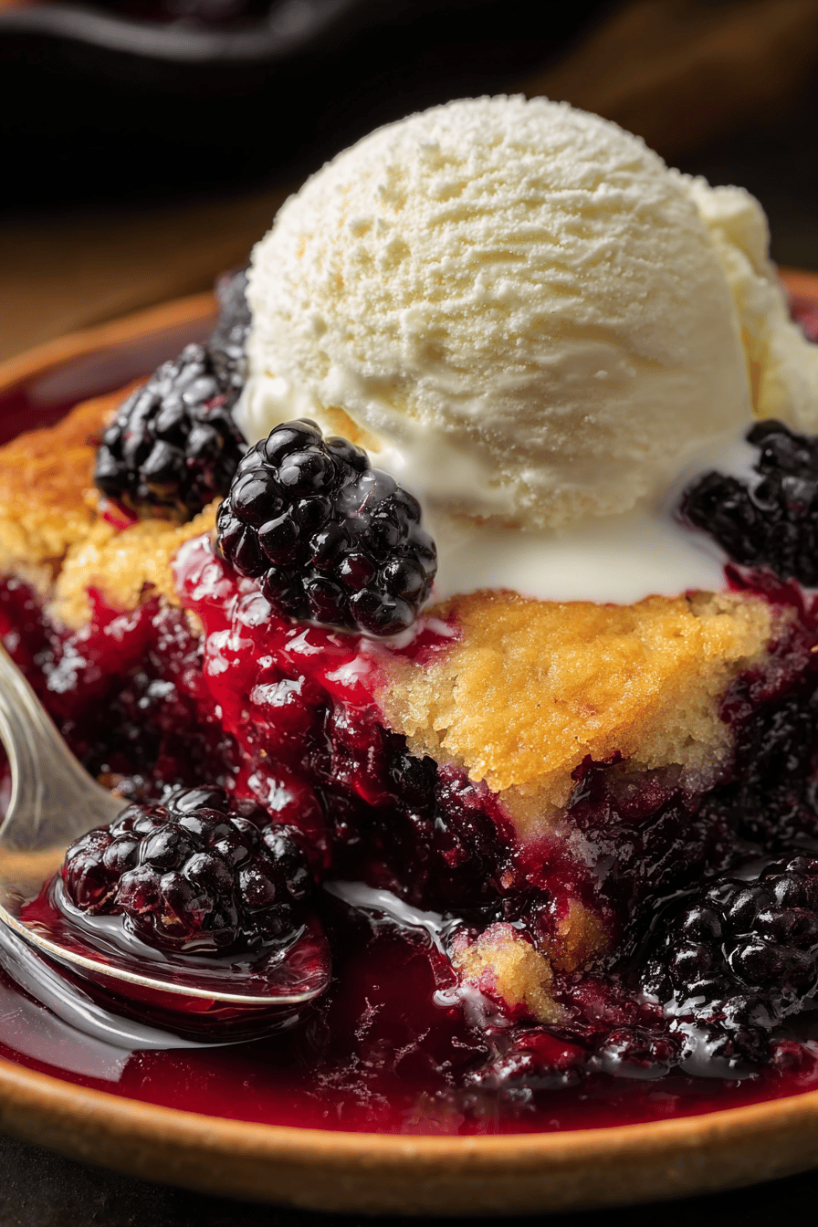 Easy Blackberry Cobbler Recipe slice on plate showing perfect texture and swirl pattern
