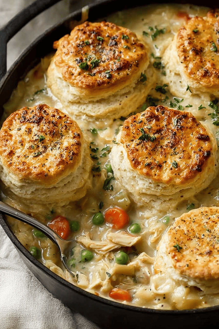 Easy Chicken Pot Pie with Biscuits Recipe slice on plate showing perfect texture and swirl pattern