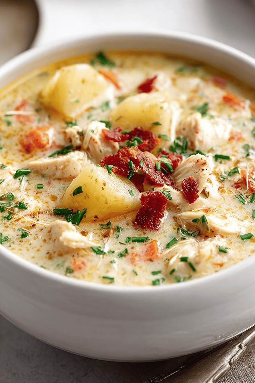 Easy Chicken Potato Soup Recipe slice on plate showing perfect texture and swirl pattern