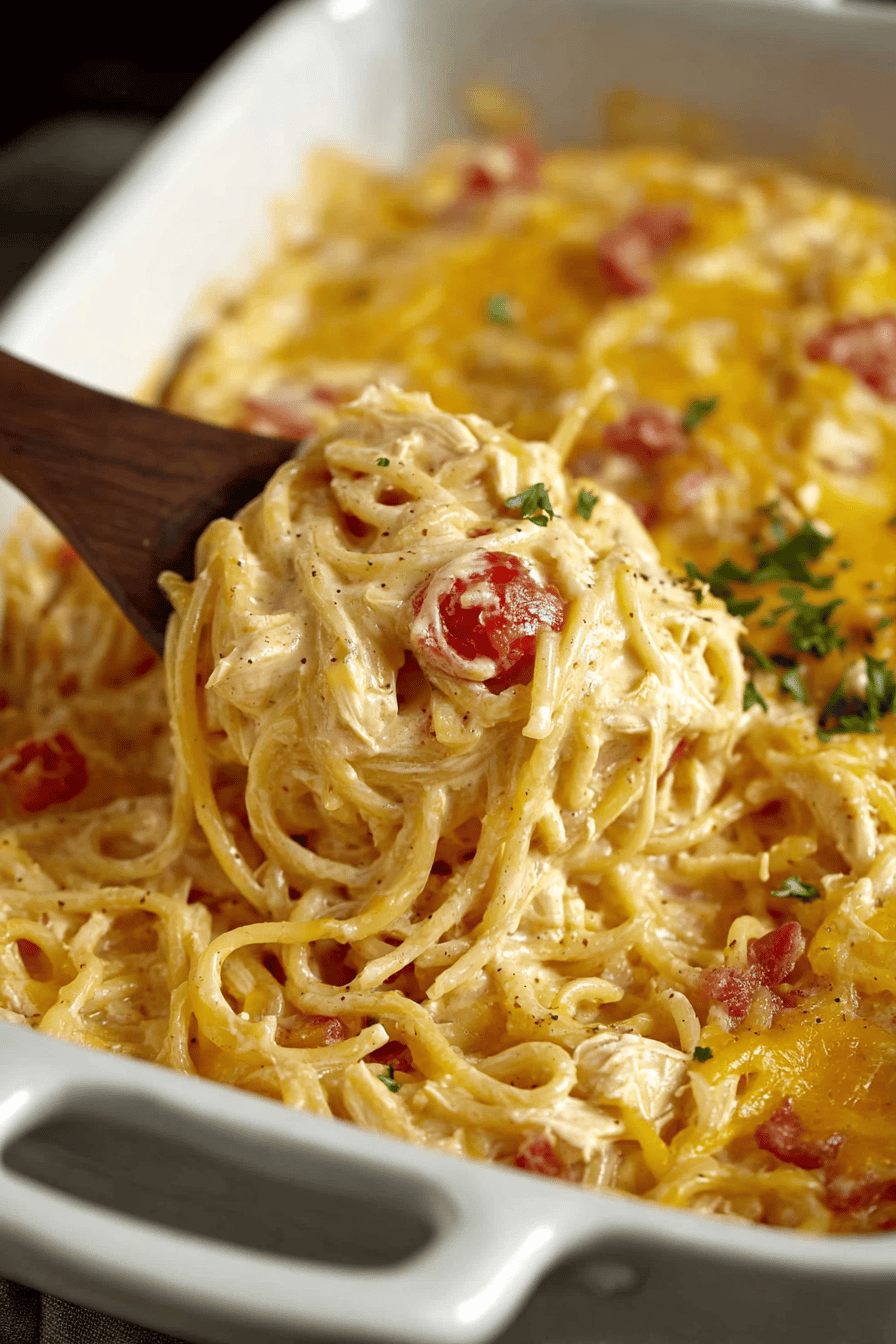 Easy Chicken Spaghetti Recipe slice on plate showing perfect texture and swirl pattern