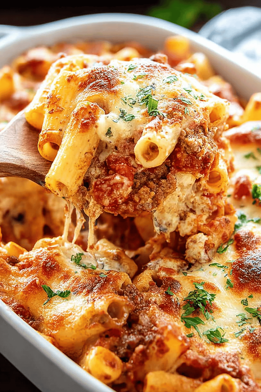 Easy Classic Baked Ziti Recipe slice on plate showing perfect texture and swirl pattern