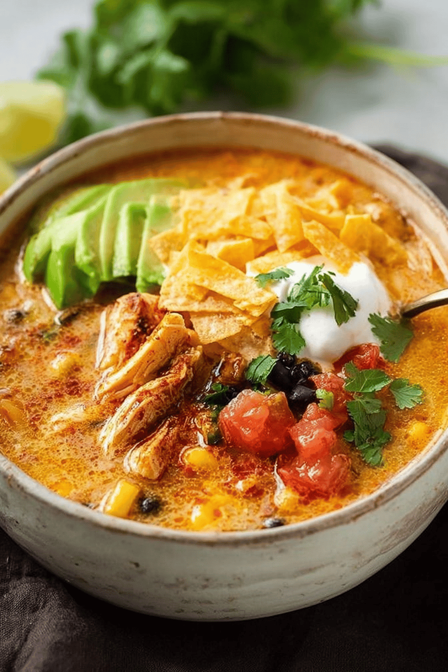 Easy Creamy Chicken Tortilla Soup Recipe slice on plate showing perfect texture and swirl pattern