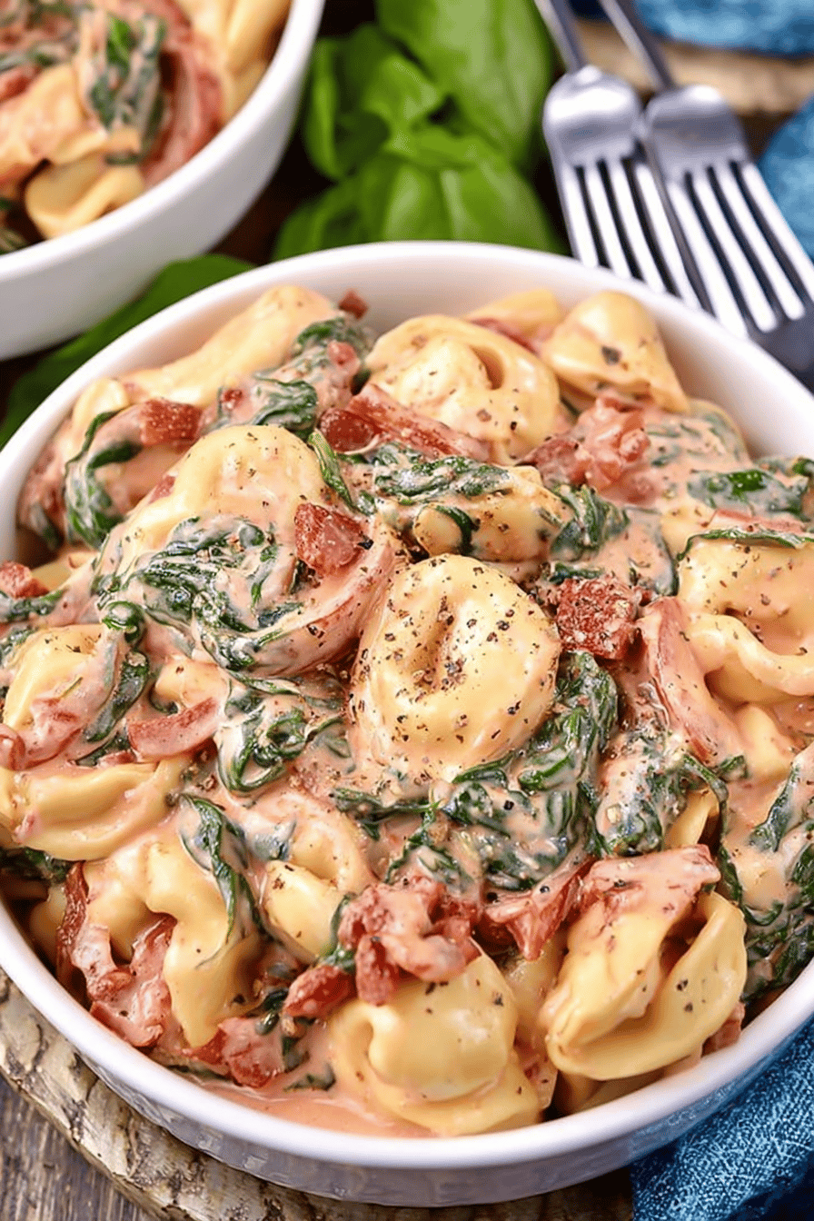Easy Creamy Tortellini with Spinach and Tomatoes ingredients organized and measured on kitchen counter