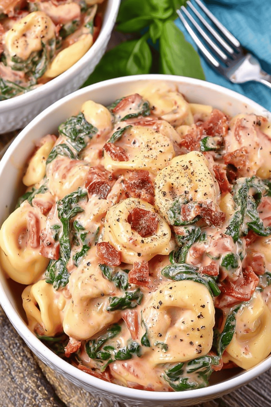 Easy Creamy Tortellini with Spinach and Tomatoes final dish beautifully presented and ready to serve