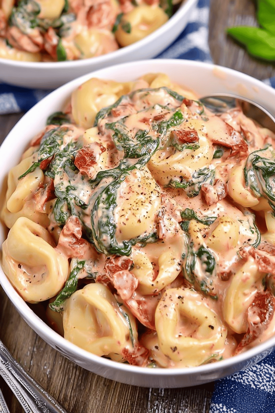 Easy Creamy Tortellini with Spinach and Tomatoes slice on plate showing perfect texture and swirl pattern