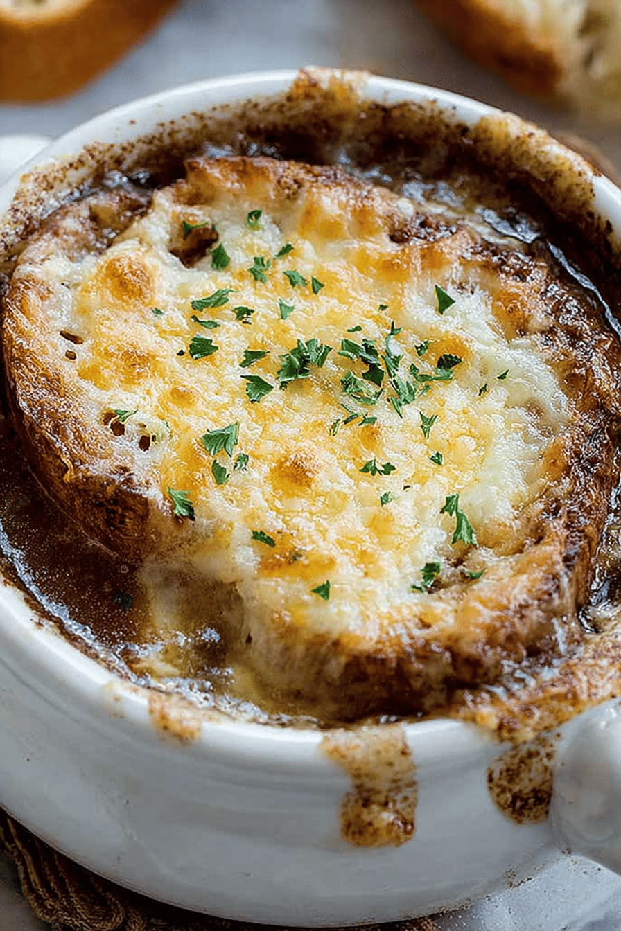 Easy French Onion Soup Recipe slice on plate showing perfect texture and swirl pattern