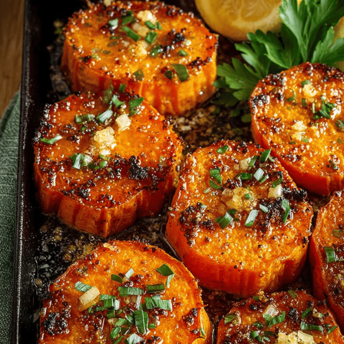 Easy Garlic Butter Roasted Sweet Potatoes