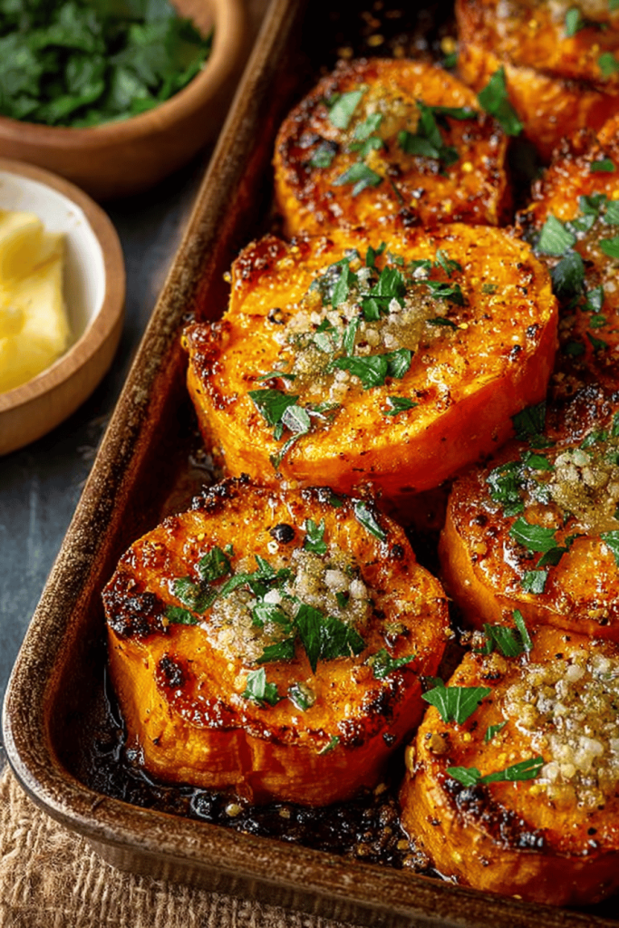Easy Garlic Butter Roasted Sweet Potatoes