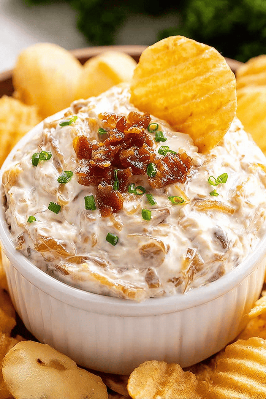 Easy Homemade French Onion Dip Recipe slice on plate showing perfect texture and swirl pattern