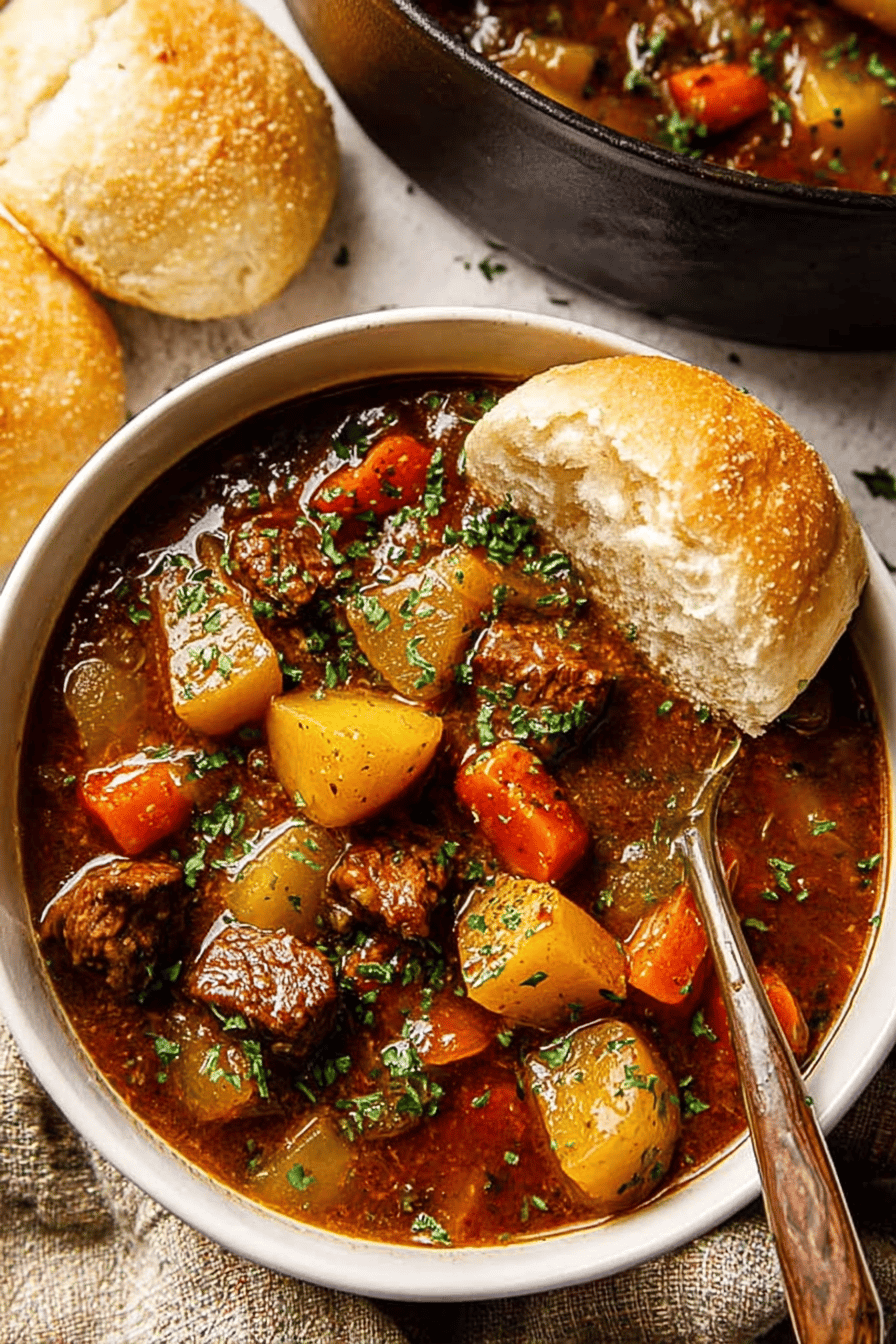 Easy Old-Fashioned Beef Stew Recipe slice on plate showing perfect texture and swirl pattern