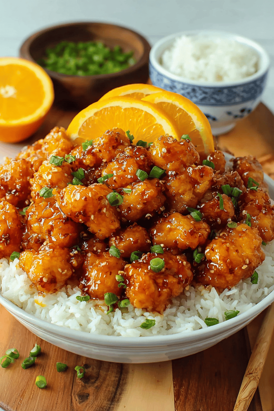 Easy Orange Chicken Recipe slice on plate showing perfect texture and swirl pattern