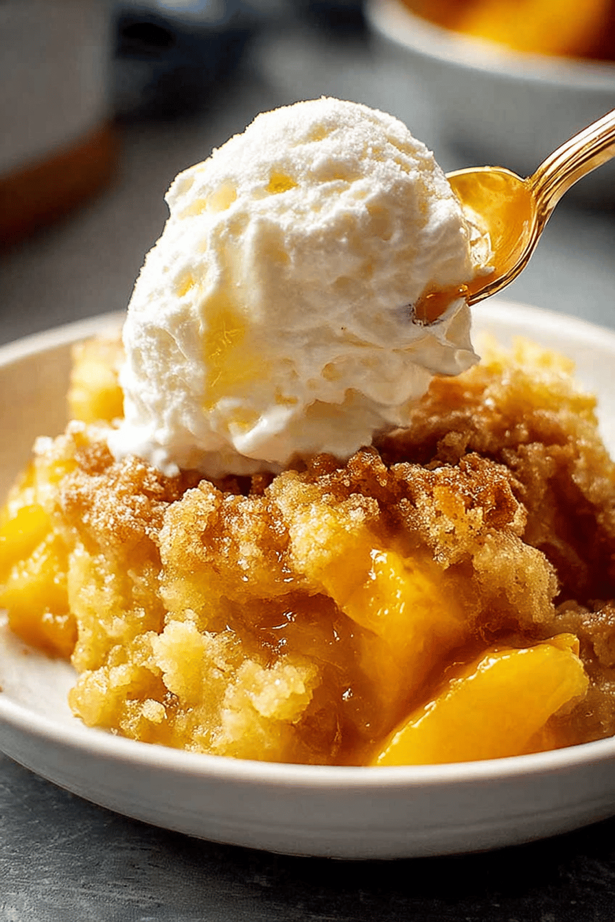 Easy Peach Cobbler Dump Cake Recipe slice on plate showing perfect texture and swirl pattern