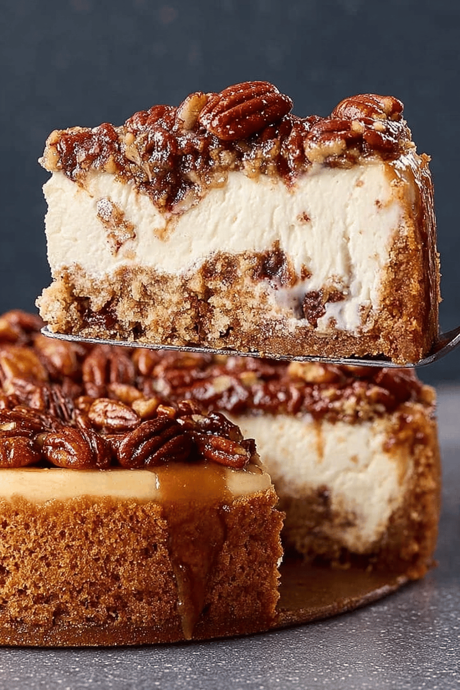 Easy Pecan Pie Cheesecake Recipe final dish beautifully presented and ready to serve