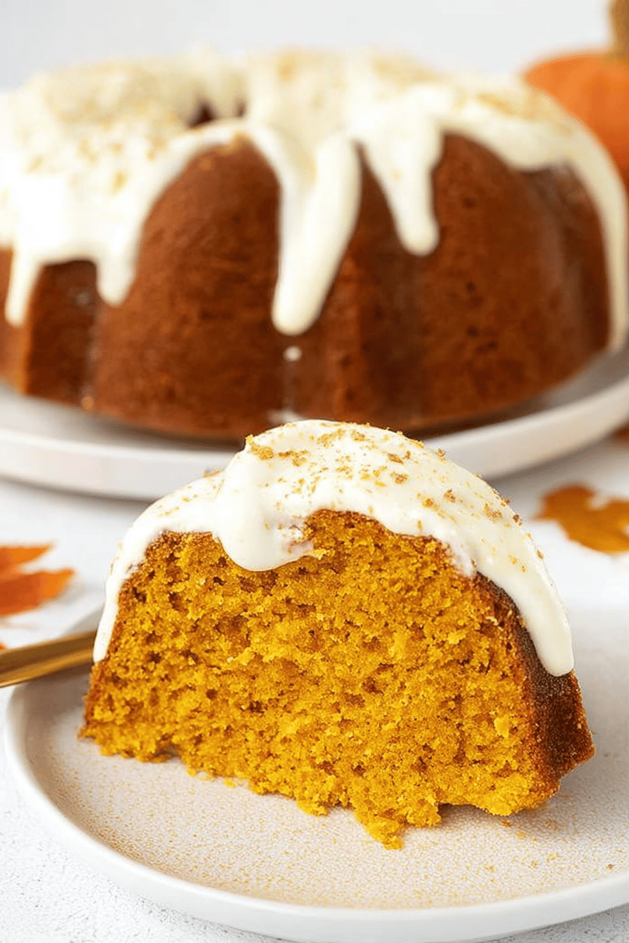 Easy Pumpkin Bundt Cake Recipe slice on plate showing perfect texture and swirl pattern