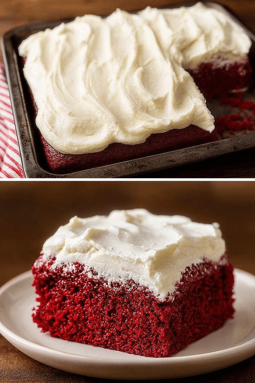 Easy Red Velvet Sheet Cake Recipe ingredients organized and measured on kitchen counter