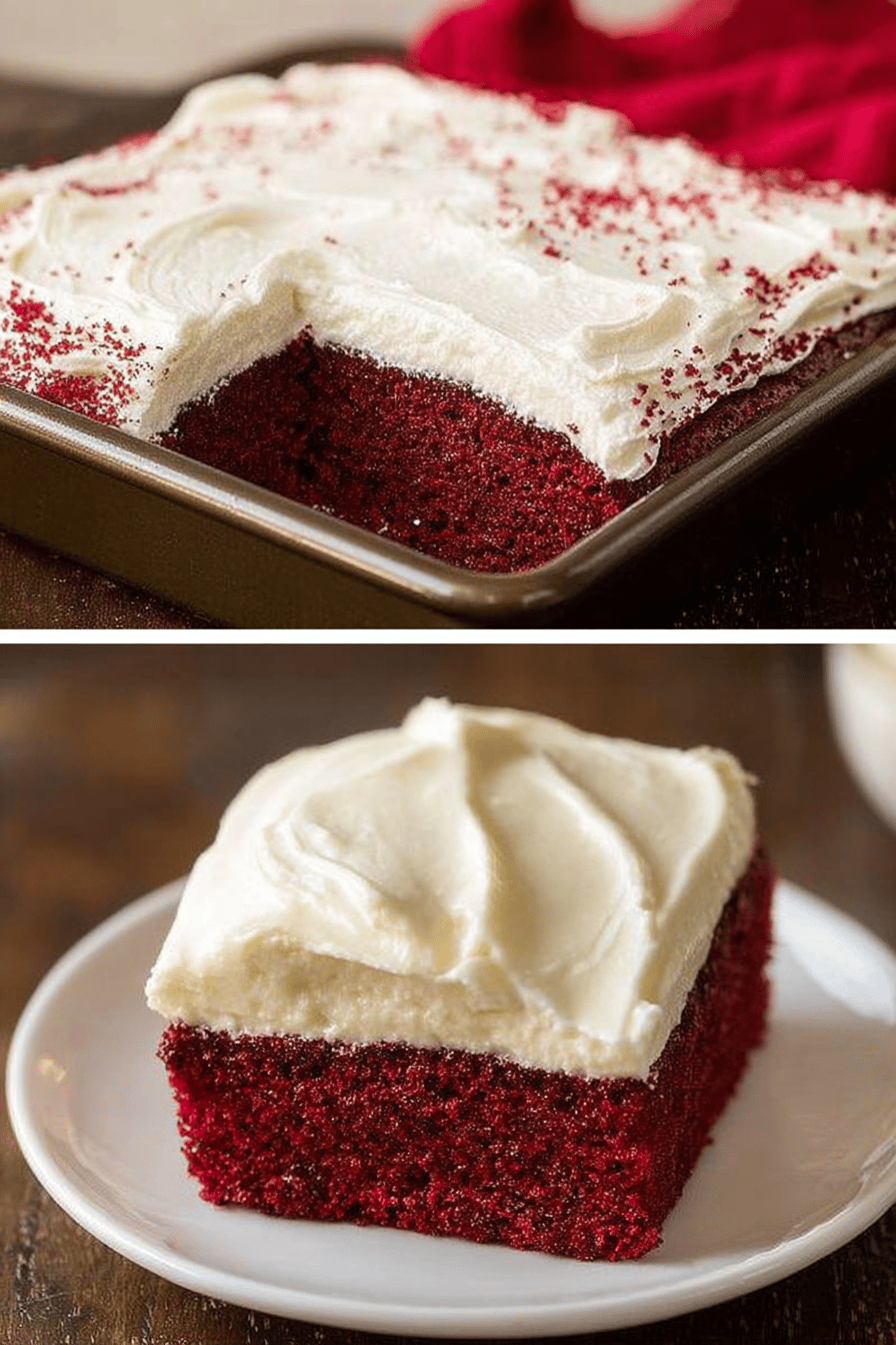Easy Red Velvet Sheet Cake Recipe slice on plate showing perfect texture and swirl pattern