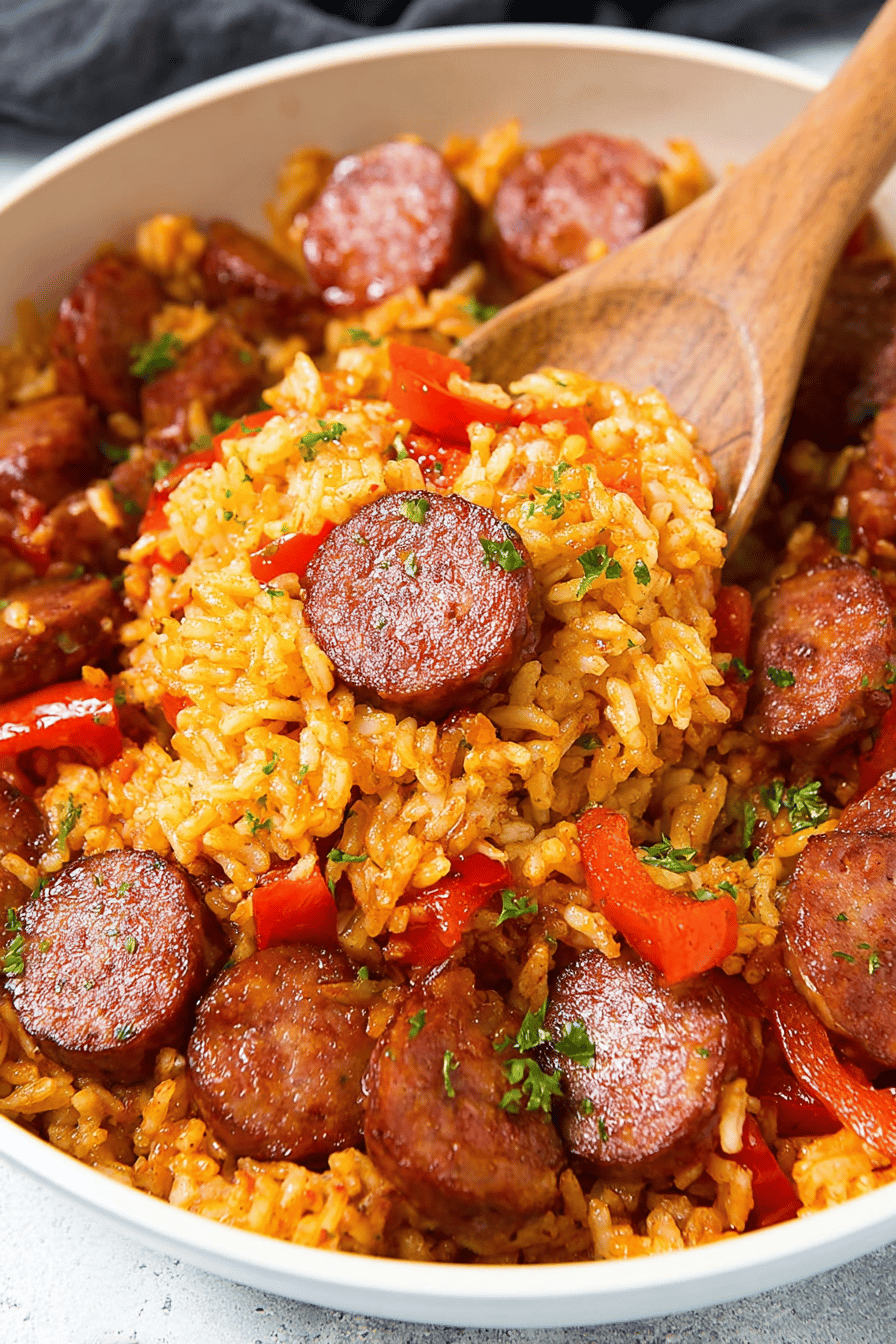 Easy Sausage Pepper and Rice Skillet Recipe ingredients organized and measured on kitchen counter
