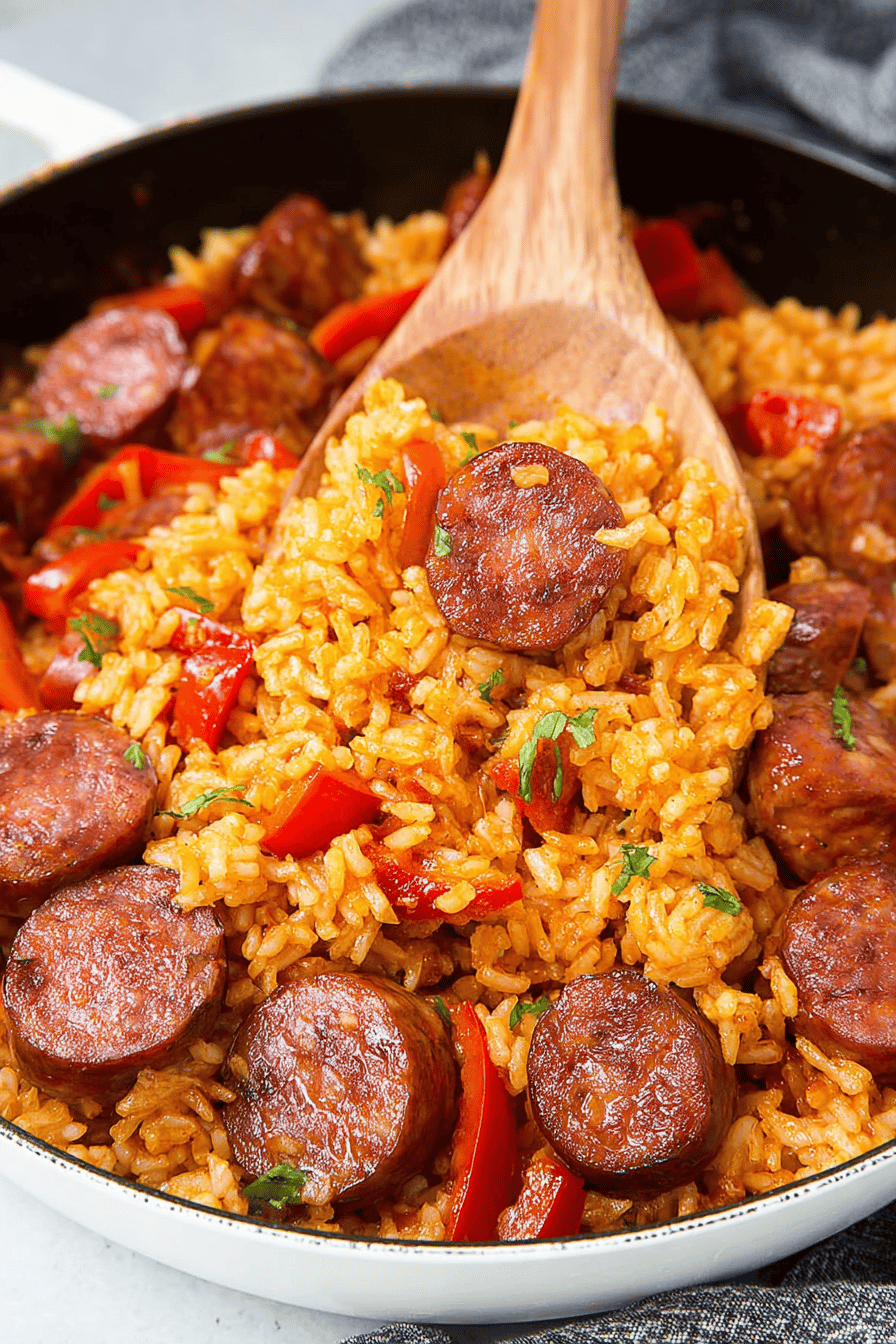 Easy Sausage Pepper and Rice Skillet Recipe final dish beautifully presented and ready to serve