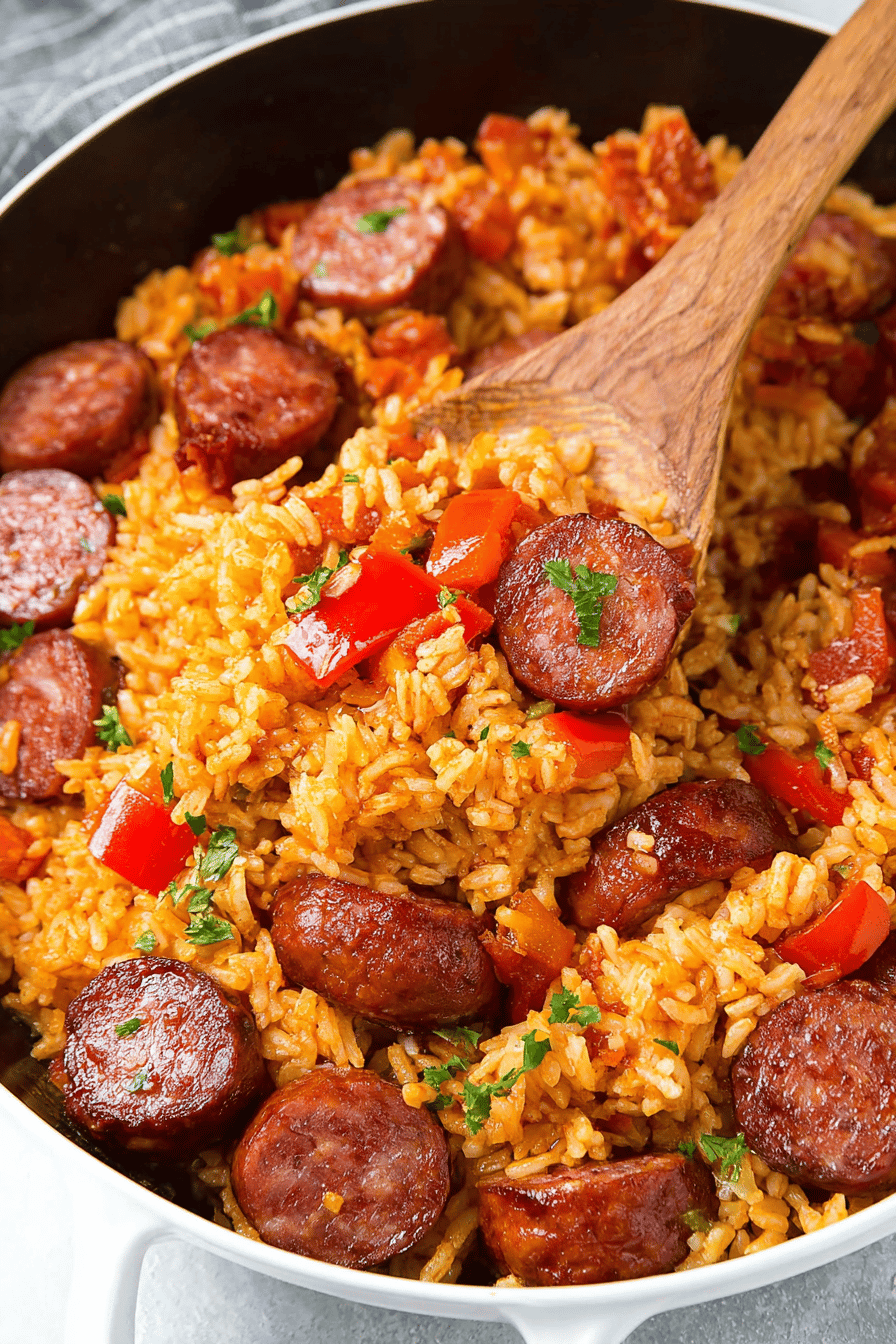 Easy Sausage Pepper and Rice Skillet Recipe slice on plate showing perfect texture and swirl pattern