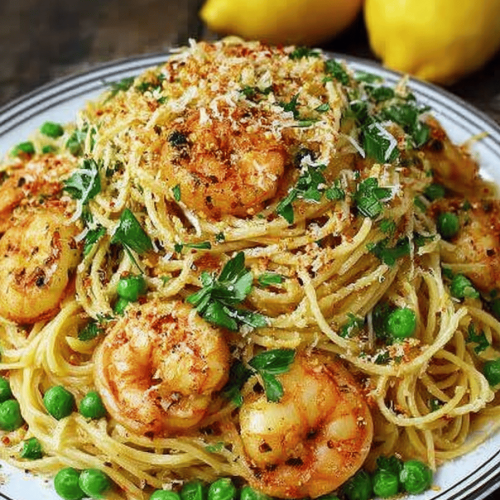 Easy Shrimp Scampi Pasta with Parmesan & Peas