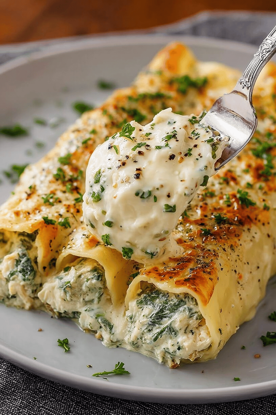 Easy Spinach Artichoke Chicken Manicotti Recipe slice on plate showing perfect texture and swirl pattern