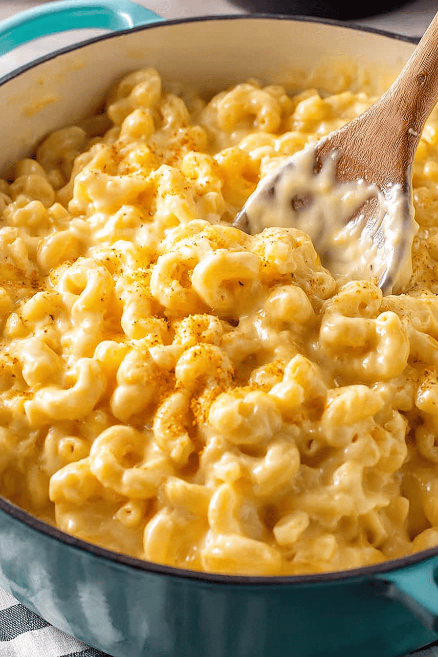 Easy Stovetop Mac and Cheese Recipe slice on plate showing perfect texture and swirl pattern