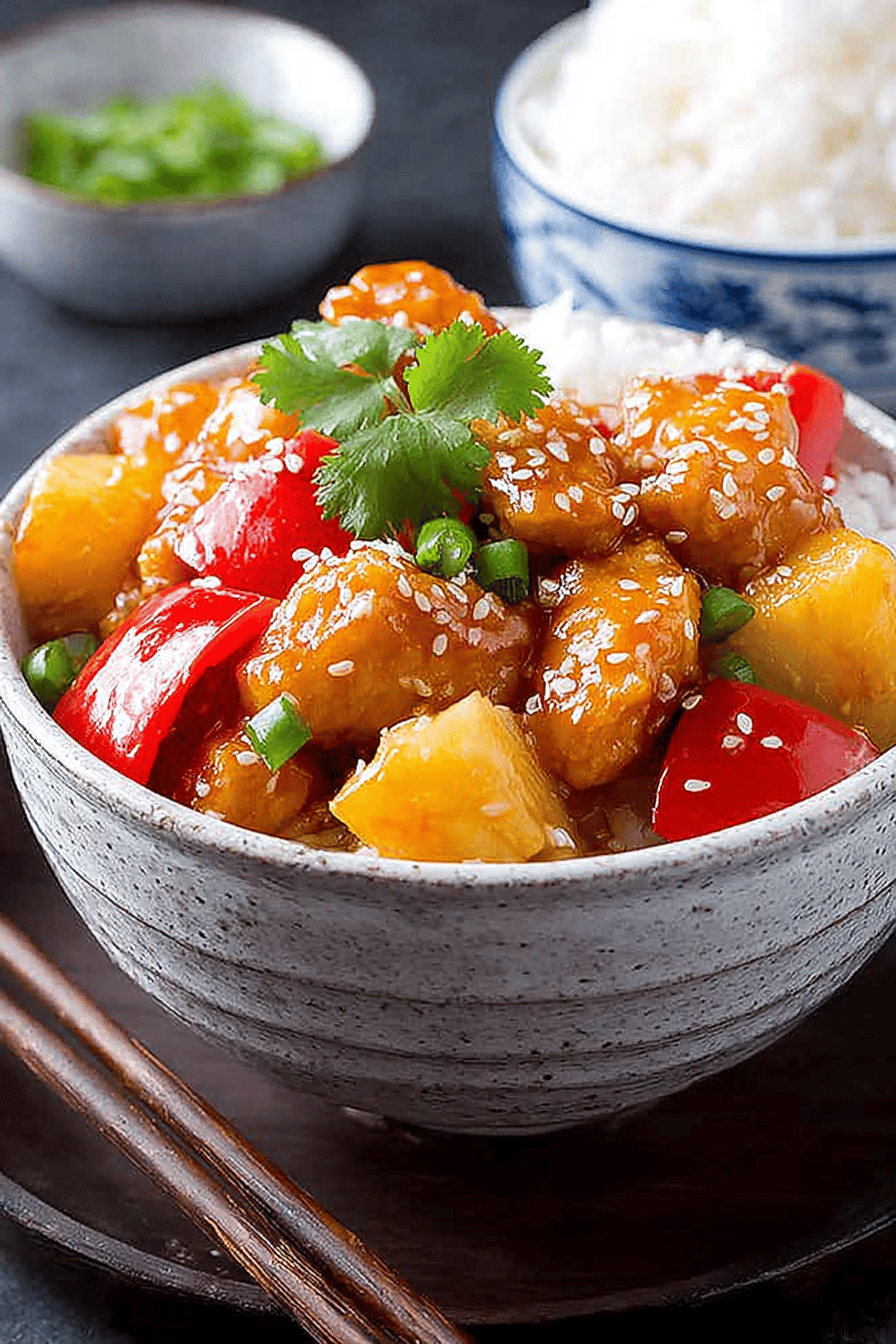 Easy Sweet and Sour Chicken Recipe slice on plate showing perfect texture and swirl pattern