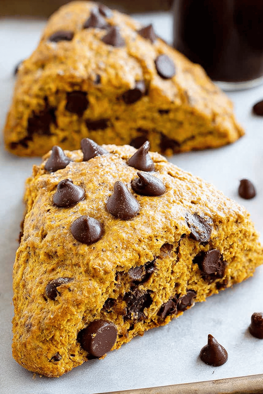 Pumpkin Chocolate Chip Scones Recipe slice on plate showing perfect texture and swirl pattern