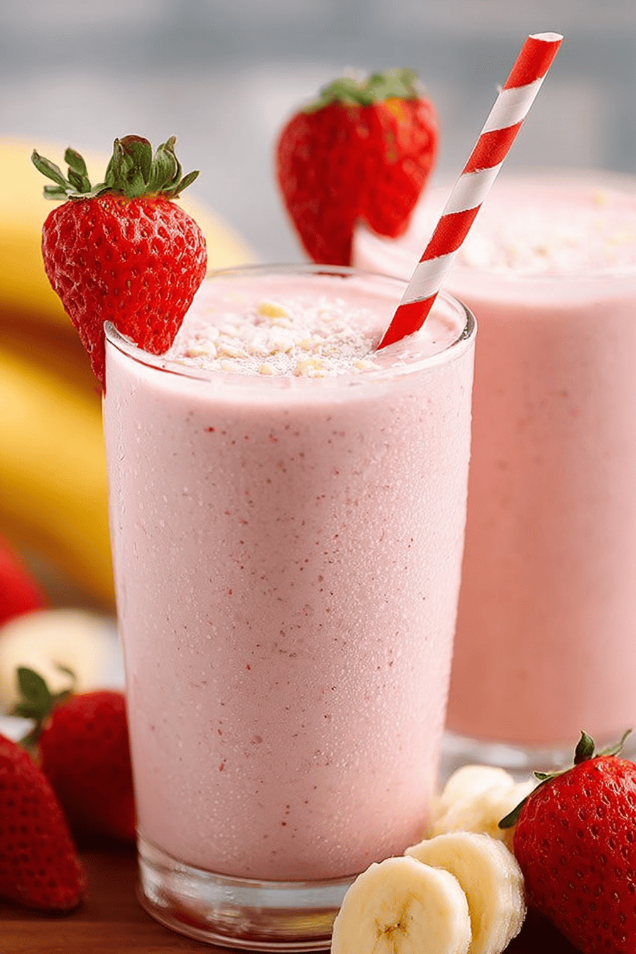 Strawberry Banana Smoothie Recipe ingredients organized and measured on kitchen counter
