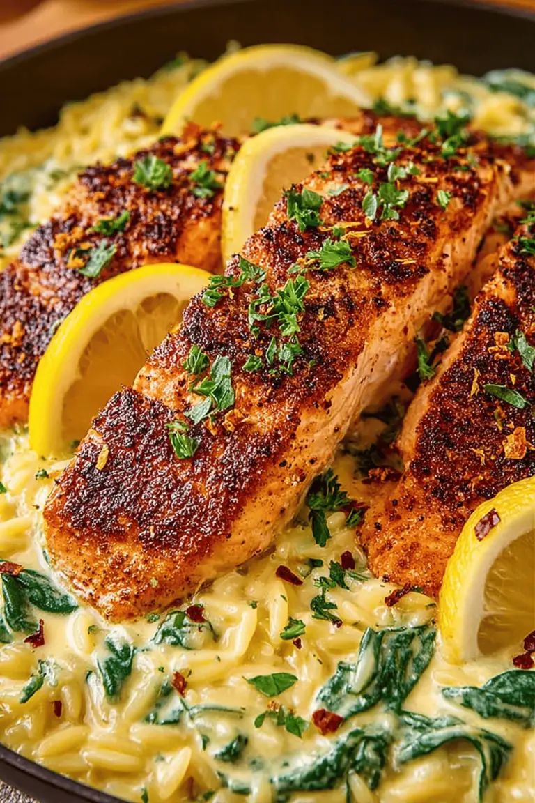 Delish Seared Salmon with Creamy Orzo