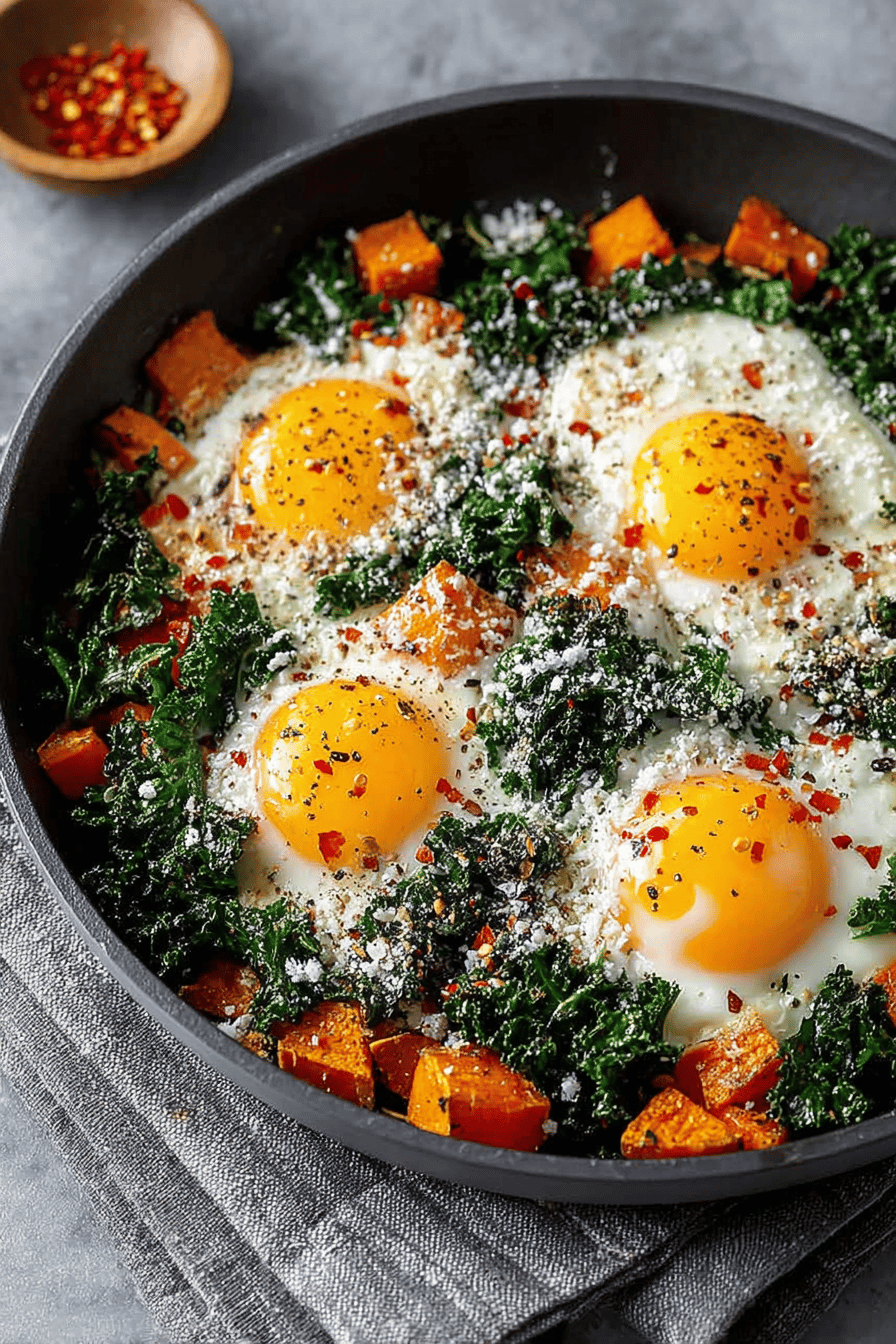Easy Kale Sweet Potato Hash with Baked Eggs