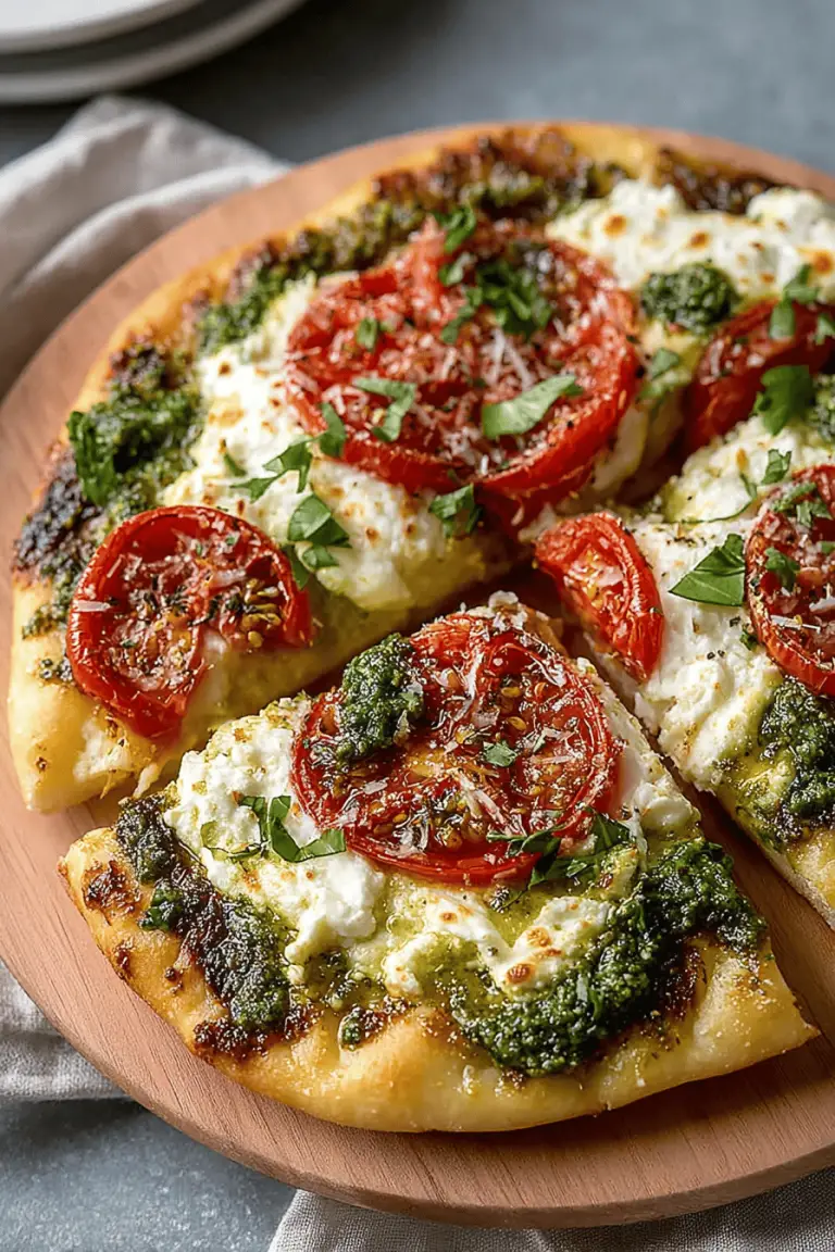 Easy Pesto Ricotta Tomato Flatbread