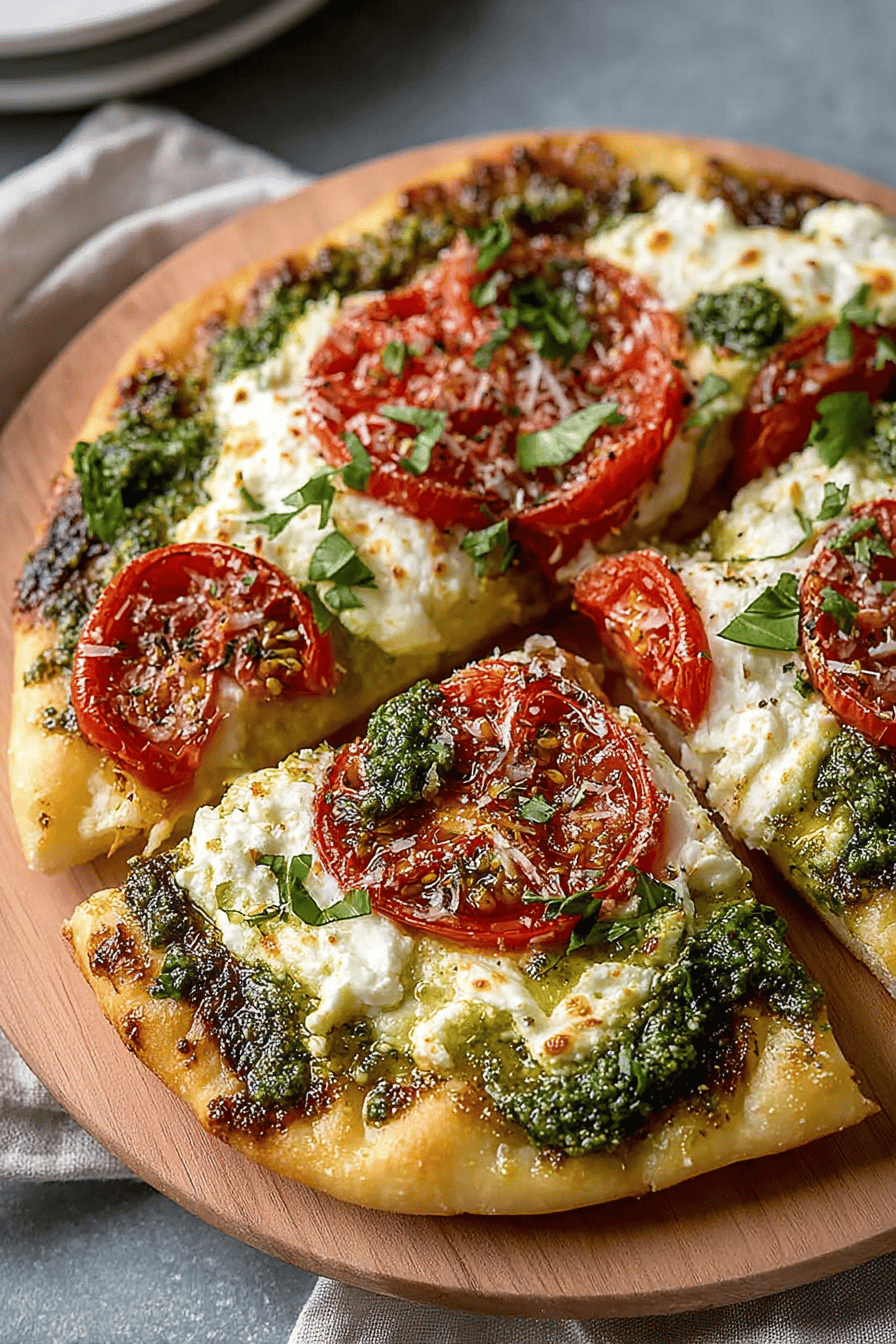 Easy Pesto Ricotta Tomato Flatbread