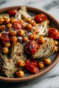 Easy Mediterranean Roasted Chickpeas and Artichokes