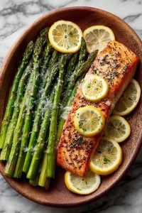 Baked Salmon with Asparagus and Lemon Garlic Butter