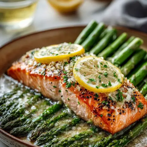 Baked Salmon with Asparagus and Lemon Garlic Butter